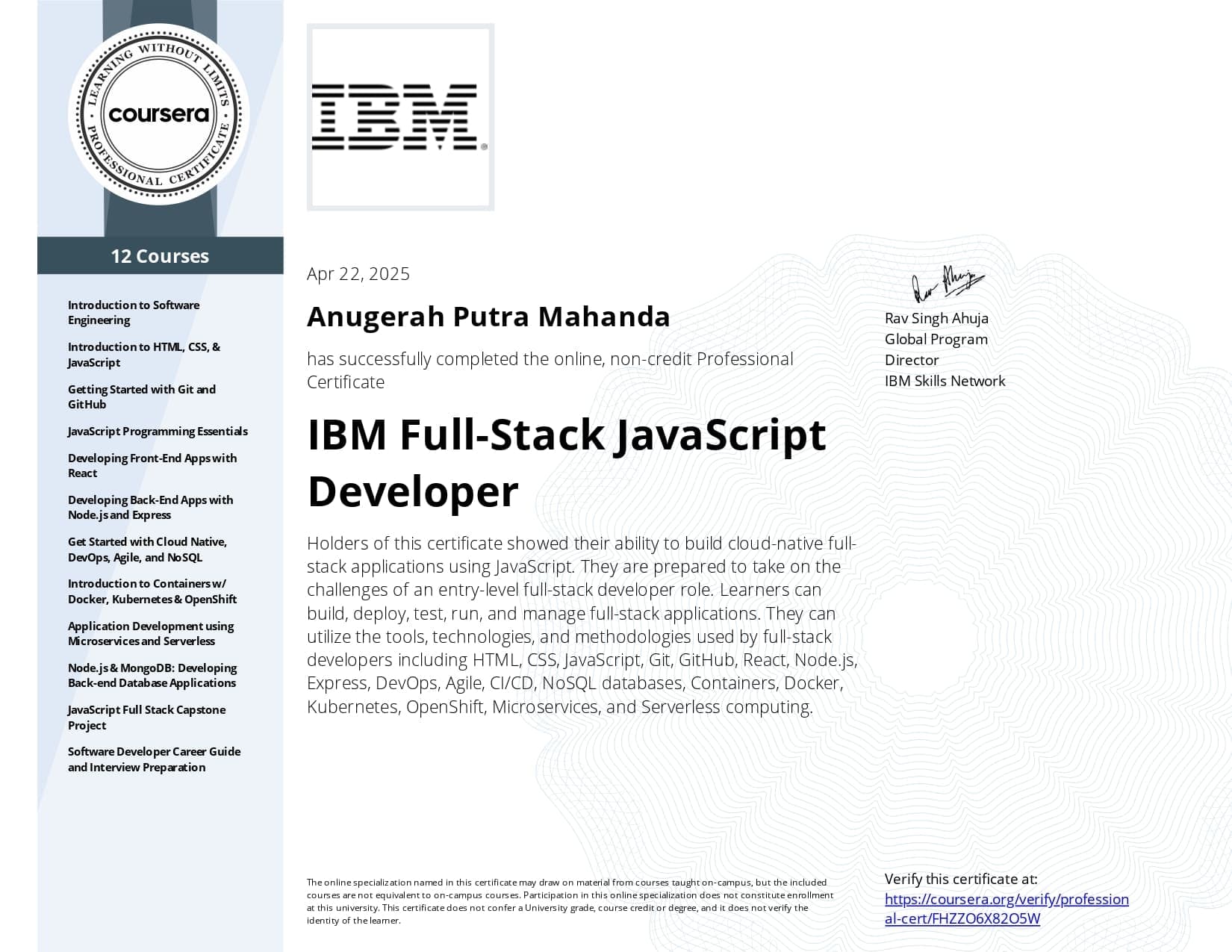 IBM Full-Stack JavaScript Developer